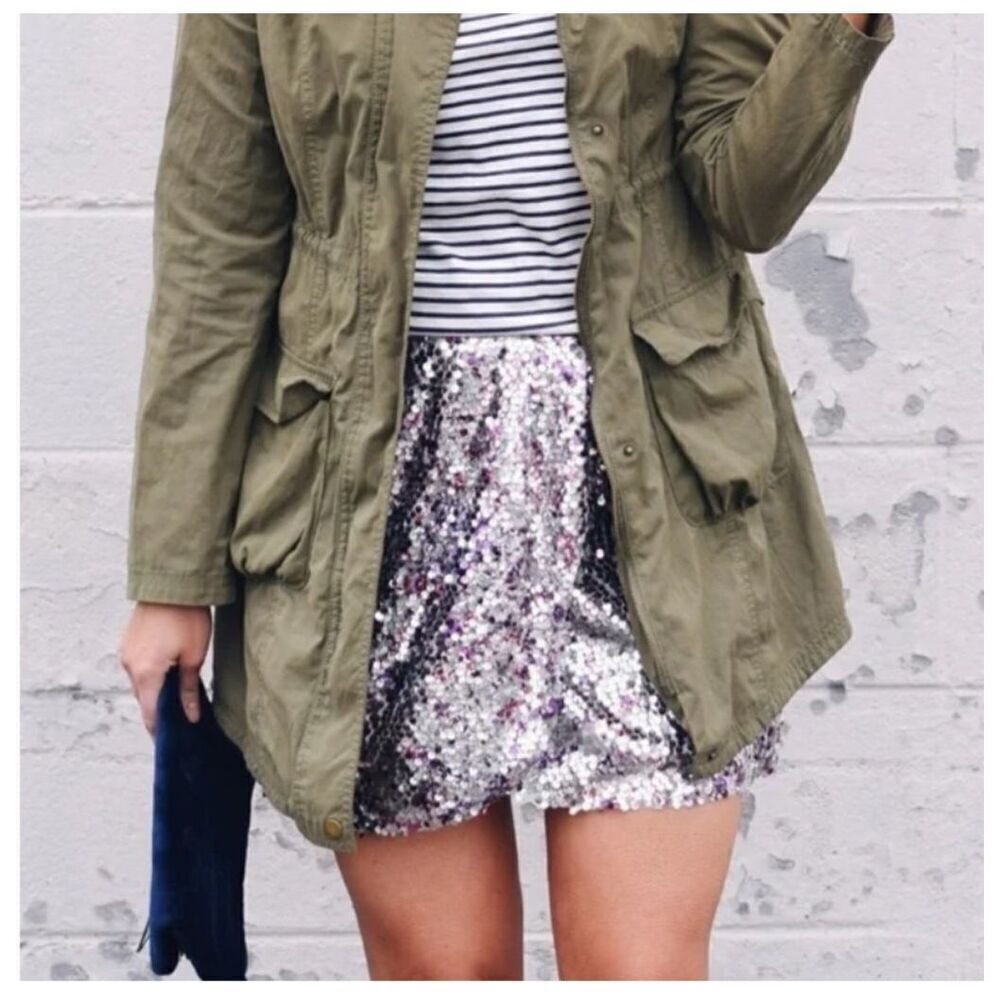 J. CREW SILVER LAVENDAR PURPLE  SEQUIN FAUX WRAP MINI SKIRT SIZE 4